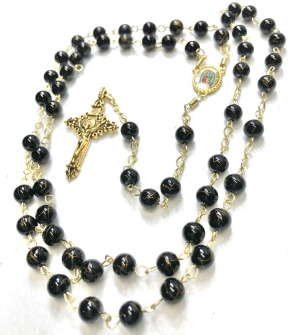 Handmade black crystal glass beaded rosary with gold color swirls