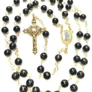Handmade black crystal glass beaded rosary with gold color swirls