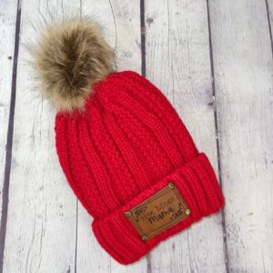 Red Personalized Leather Patch Stocking Hat