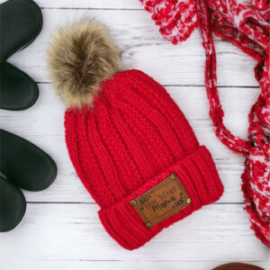 Red Personalized Leather Patch Stocking Hat