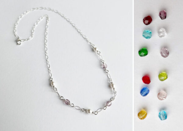 Wire Wrapped White Pearl & Crystal Birthstone Necklace