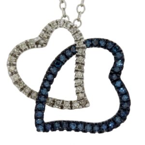 Blue and white Diamond and sterling silver interlocking heart necklace