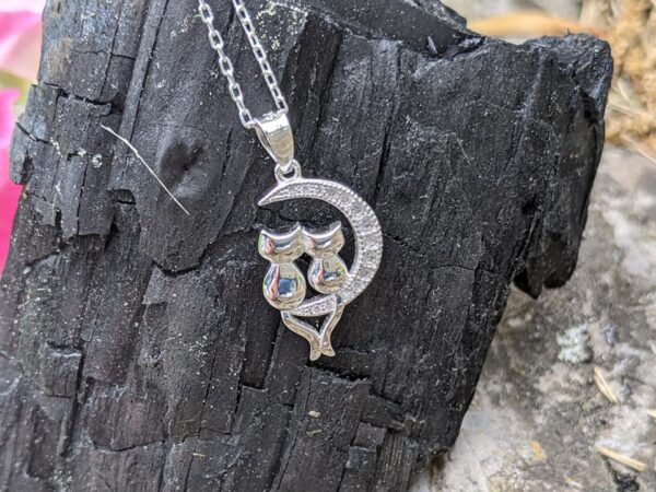 Cat Couple on Moon Sterling Silver Necklace