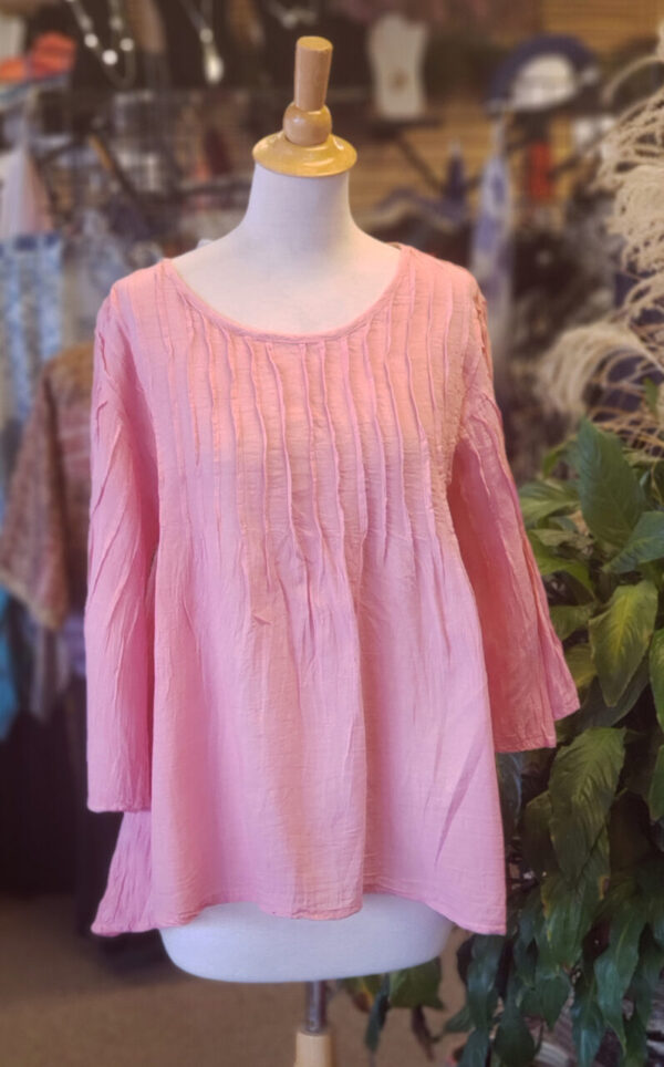 Pleated 3/4 Sleeve Cotton Top Pink