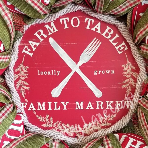 Farmhouse Red Farm to Table Gingham Mesh Door Decor Wreath