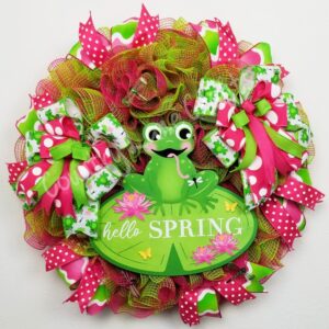 Hello Spring Frog with Dragonflies Lime & Pink Mesh Front Door Wreath