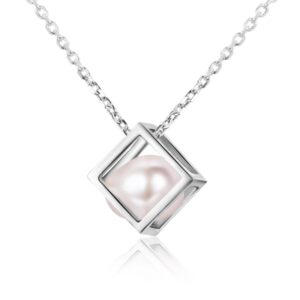 Pearl Necklace –Fresh water pearl in Modern Minimalist Sterling Silver Cube