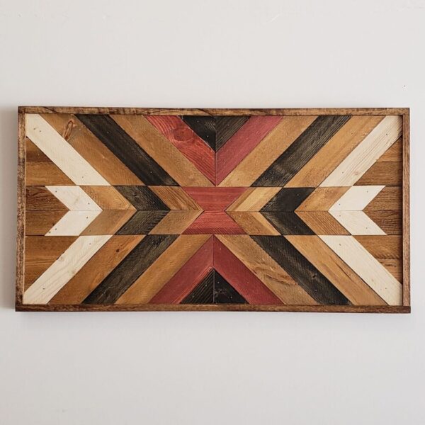 Geometric Wood Wall Art with Red and White Accents 12×24