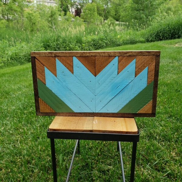 Aqua Flower Wooden Crate with 6″ x 12″ Geometric Art 