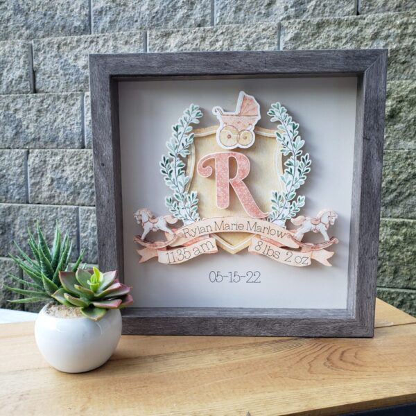 Personalized Baby Child Crest 3-D Layered Paper Art Decor Pink / Yellow