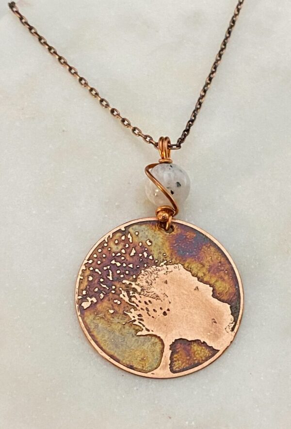 Acid etched copper blowing tree necklace