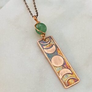 Handmade moon phase acid etched copper necklace with aventurine gemstone