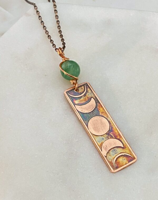 Handmade moon phase acid etched copper necklace with aventurine gemstone