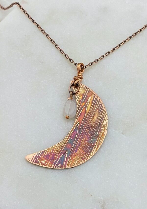 Acid etched copper crescent necklace with moonstone gemstone