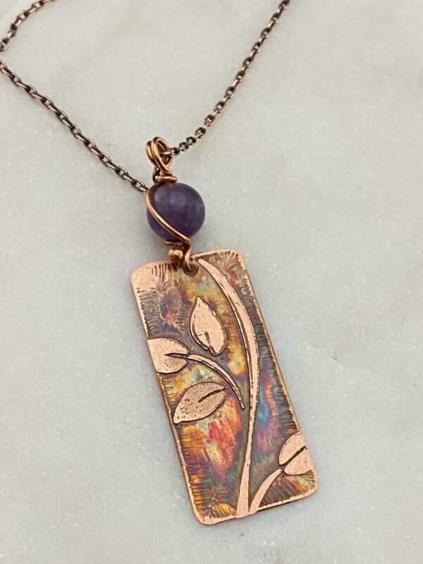 Acid etched copper leaf necklace with amethyst gemstone