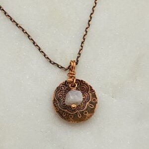 Handmade acid etched copper necklace with Moonstone gemstone