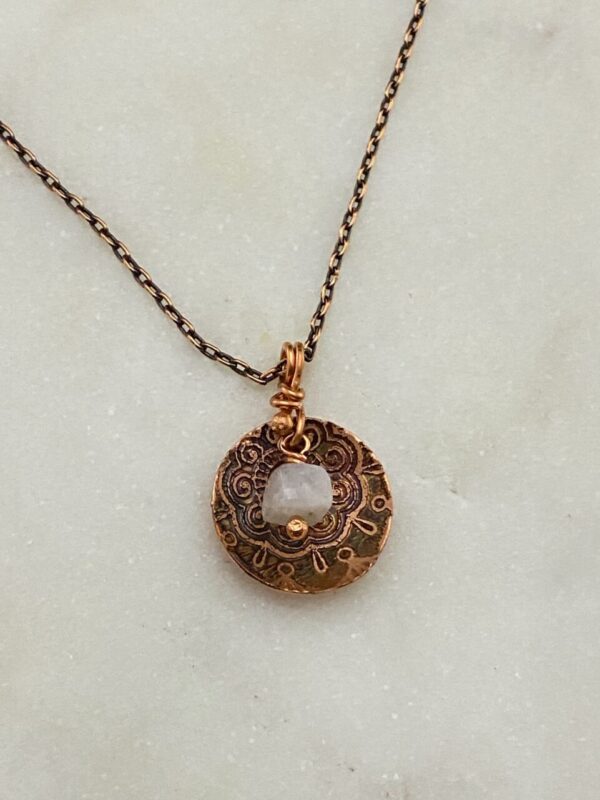 Handmade acid etched copper necklace with Moonstone gemstone