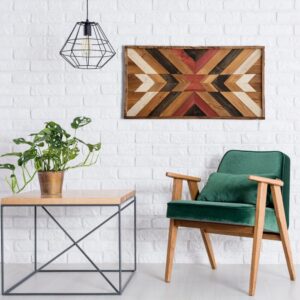 Geometric Wood Wall Art with Red and White Accents 12×24