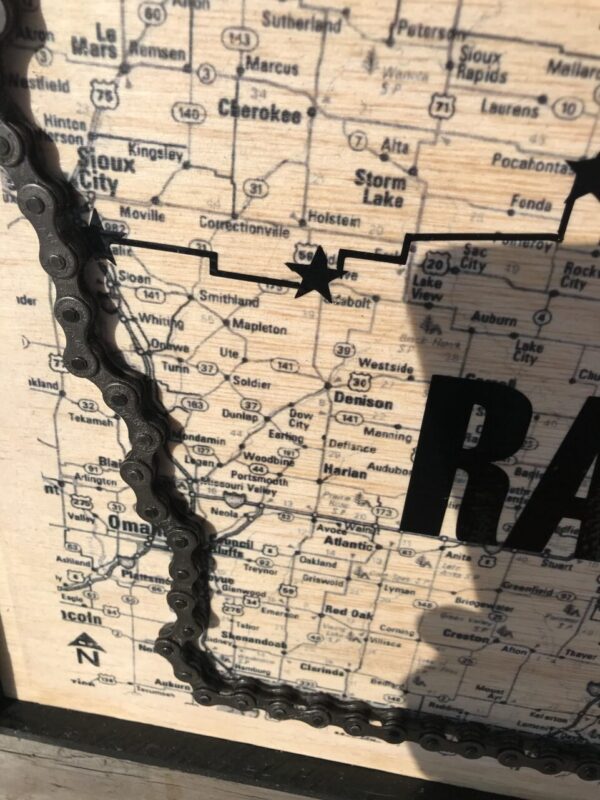 Bike chain RAGBRAI Iowa map on wood