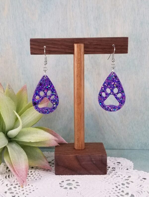 Purple Paw Print Glitter Earrings