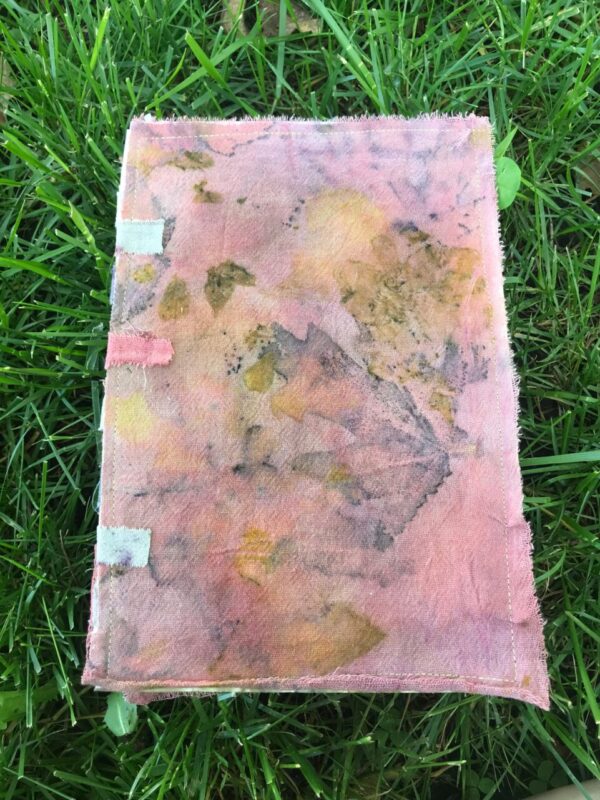 Tab-bound ecoprinted art journal, natural dyes and upcycled materials