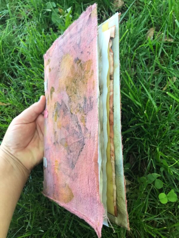 Tab-bound ecoprinted art journal, natural dyes and upcycled materials