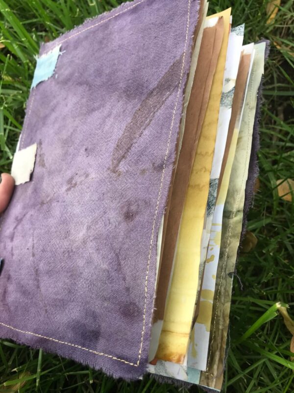 Tab-bound ecoprinted art journal, 80 pages, purple cover, natural dyes and upcycled materials