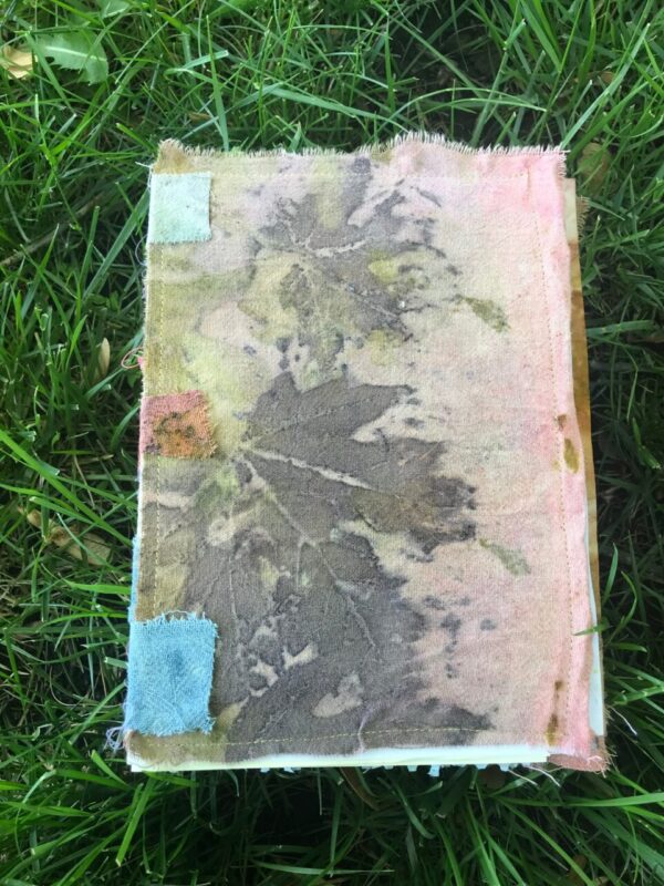 Tab-bound ecoprinted art journal, Pink and purple cover, natural dyes and upcycled materials
