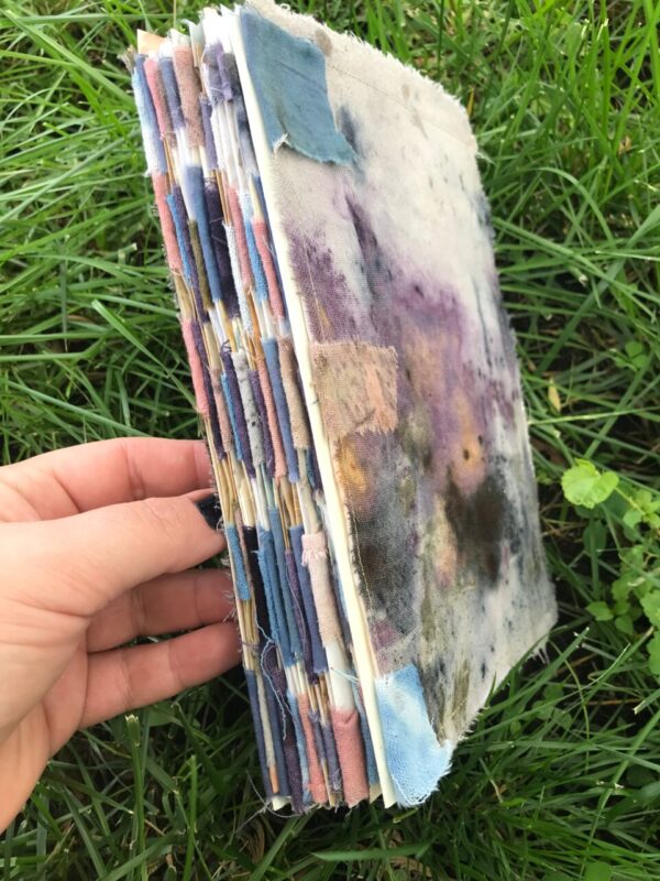 Tab-bound ecoprinted art journal, 80 pages, multicolored cover, natural dyes and upcycled materials
