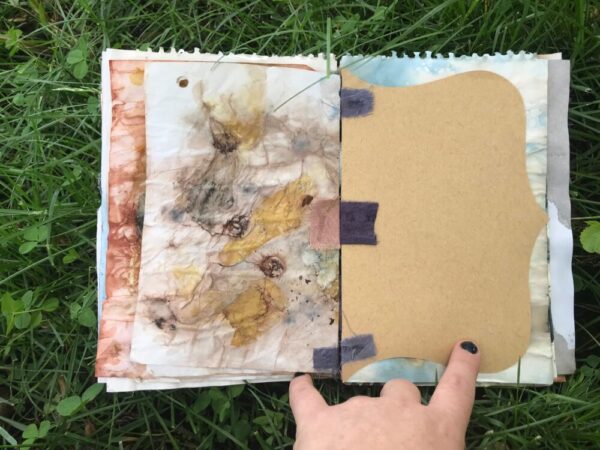 Tab-bound ecoprinted art journal, 80 pages, multicolored cover, natural dyes and upcycled materials
