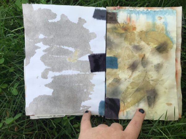 Tab-bound ecoprinted art journal, 80 pages, multicolored cover, natural dyes and upcycled materials