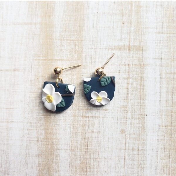 Navy and White Floral Earrings