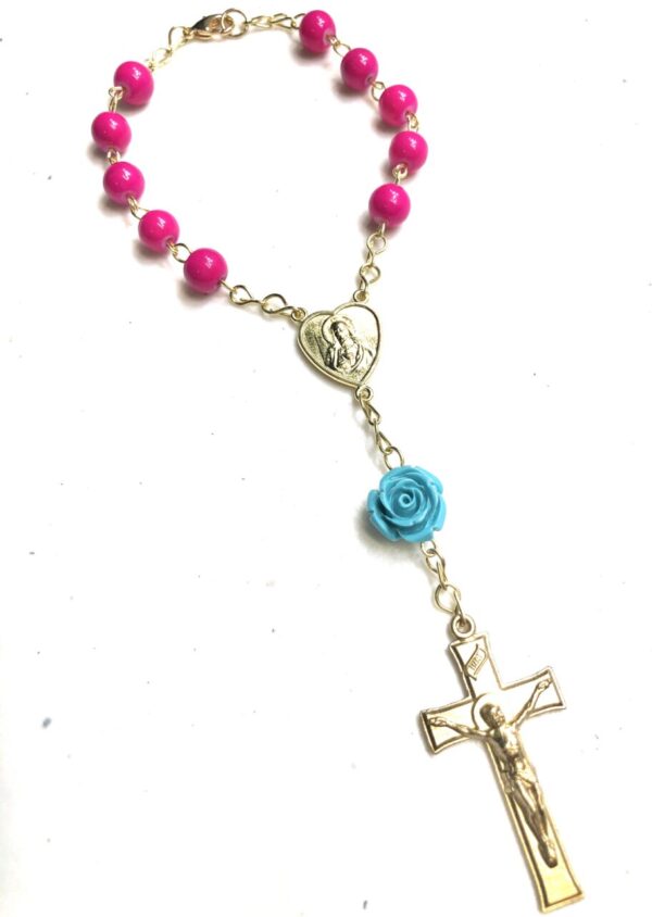 Handmade pink & teal car rosary