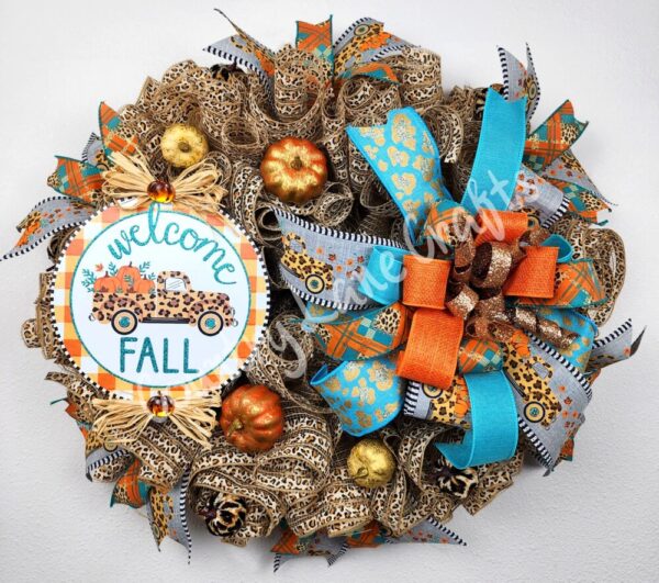 Animal Print Fall Truck Welcome Mesh Front Door Décor Wreath
