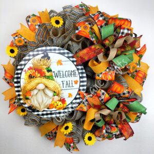 Gnome Sunflower Fall Welcome Gingham Mesh Front Door Wreath