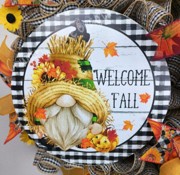 Gnome Sunflower Fall Welcome Gingham Mesh Front Door Wreath