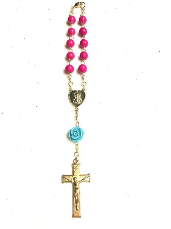 Handmade pink & teal car rosary