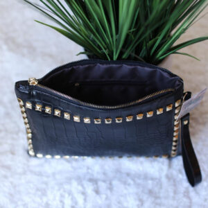 Black Zipper Textured Rivet Handbag