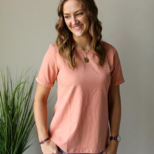 Peach Solid Short Rolled Sleeve Faux Pocket Tee • XL