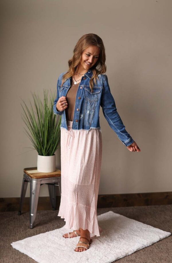 Mid Wash Distressed Frayed Hem Denim Jacket, Large