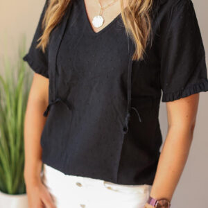 Black Swiss Dot Short Sleeve V-Neck Top • S-2XL PLUS