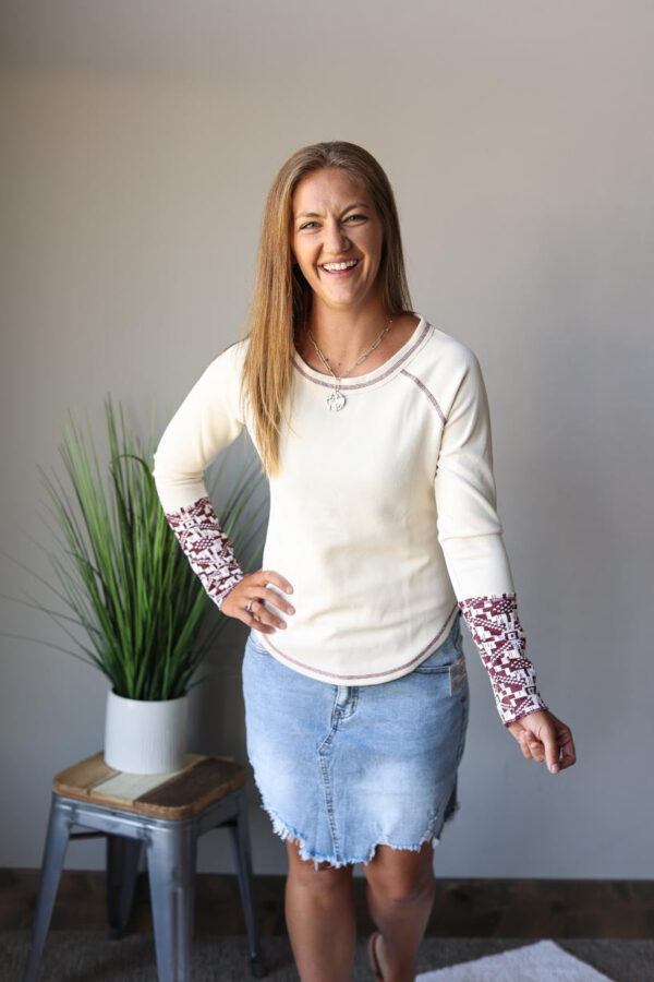 Beige Ribbed Contrast Stitching Long Sleeve Top • XS – XL