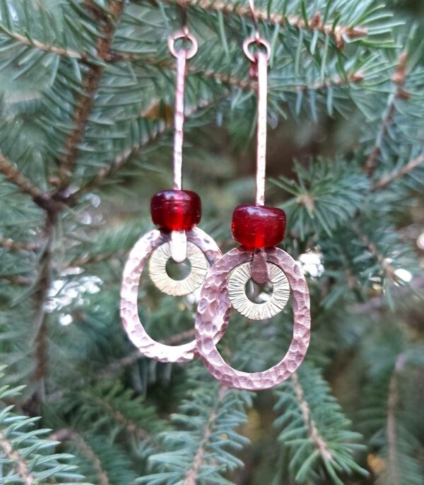 Mixed Metal Earrings With Red Bead