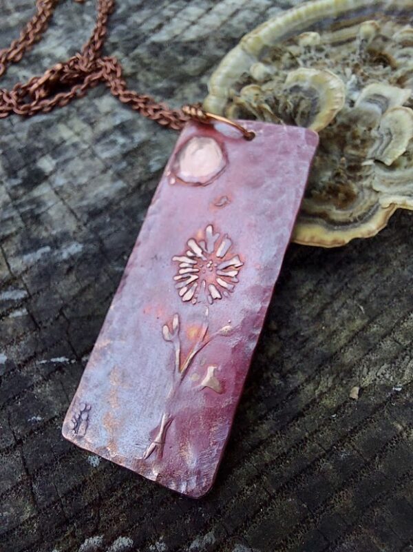 Red Copper Pendant With Etched Flower and Sun