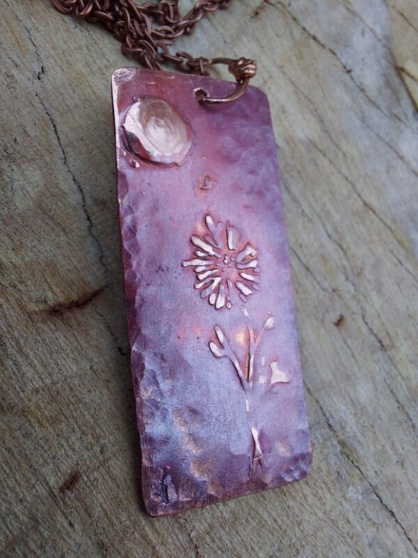 Red Copper Pendant With Etched Flower and Sun