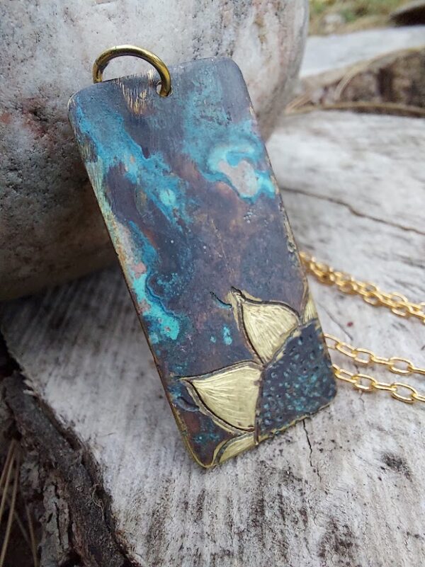 Upcycled Brass Sunflower Pendant Necklace With Blue Patina