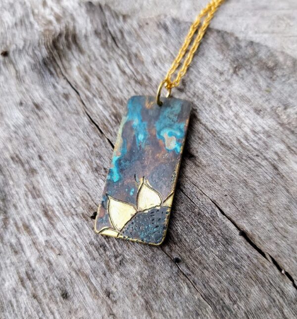 Upcycled Brass Sunflower Pendant Necklace With Blue Patina