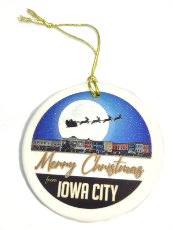 Merry Christmas from Iowa City Ceramic Ornament with Santa Over Streetscape