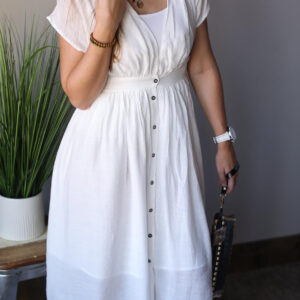 White Button Front V-Neck Midi • M or Lg