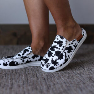 White Black Cow Print Slide Shoe • 8